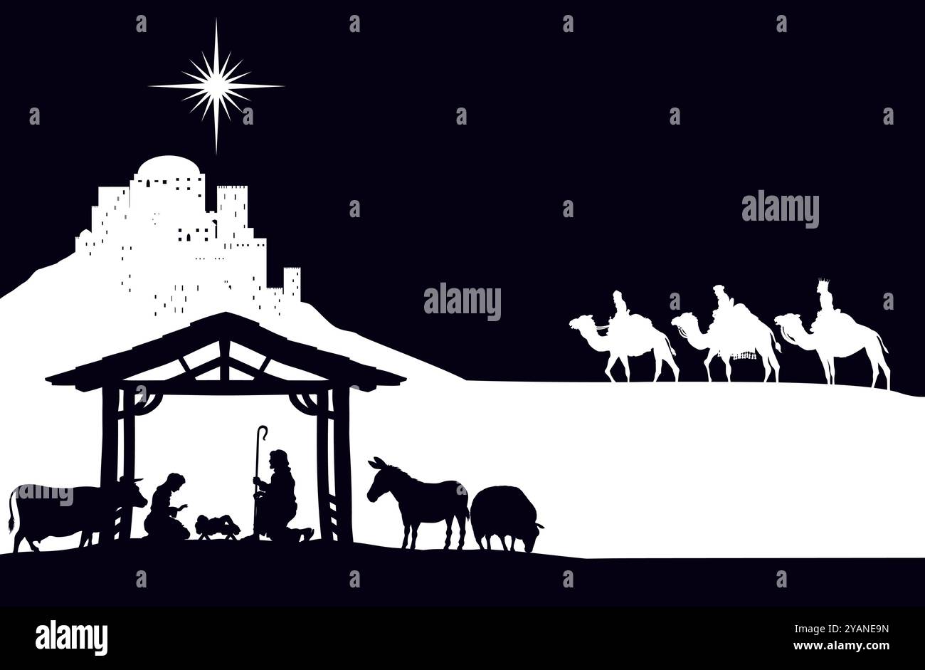 Presepe natalizio Bethlehem Manger Wise Men Illustrazione Vettoriale