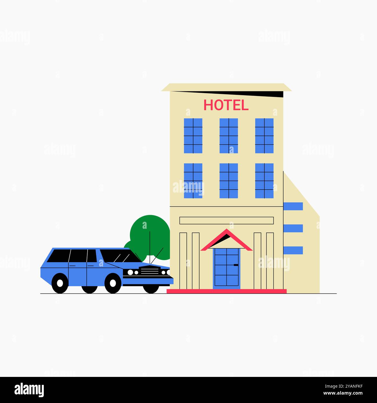 Hotel con auto parcheggiata in un'illustrazione vettoriale piatta che simboleggia viaggi, alloggio e turismo, isolato su sfondo bianco. Illustrazione Vettoriale