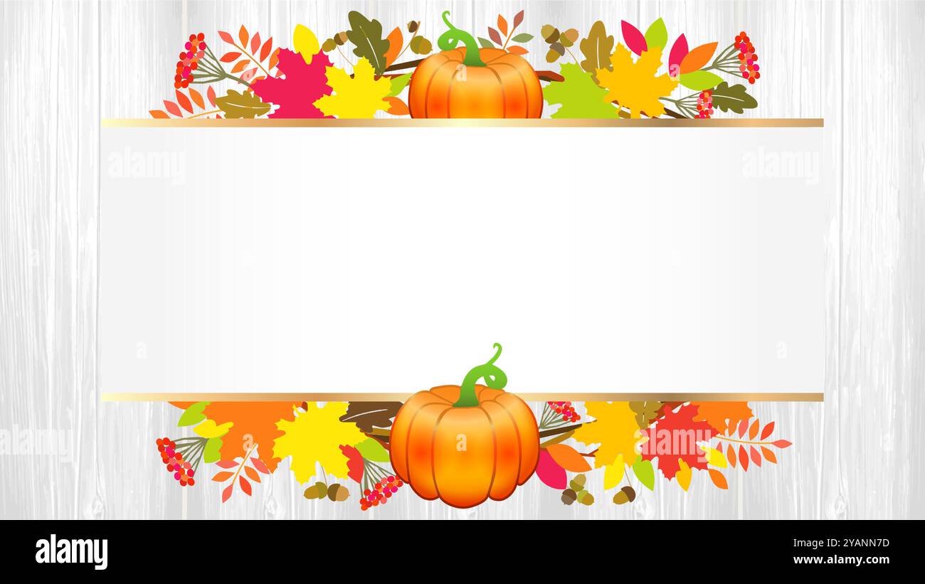 Decorazione del giorno del Ringraziamento con zucca 3d e foglie autunnali. Concetto vettoriale con bacche di rowan, foglie d'acero, foglie di quercia e ghiande su tavole di legno Illustrazione Vettoriale