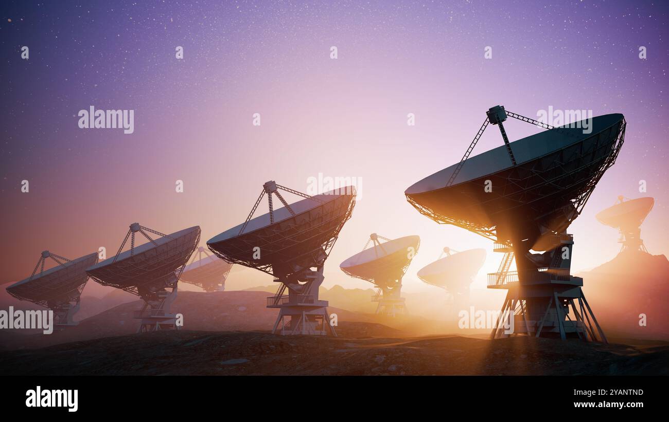 Gamma di radiotelescopi per la ricerca astronomica. Illustrazione con rendering 3D. Foto Stock