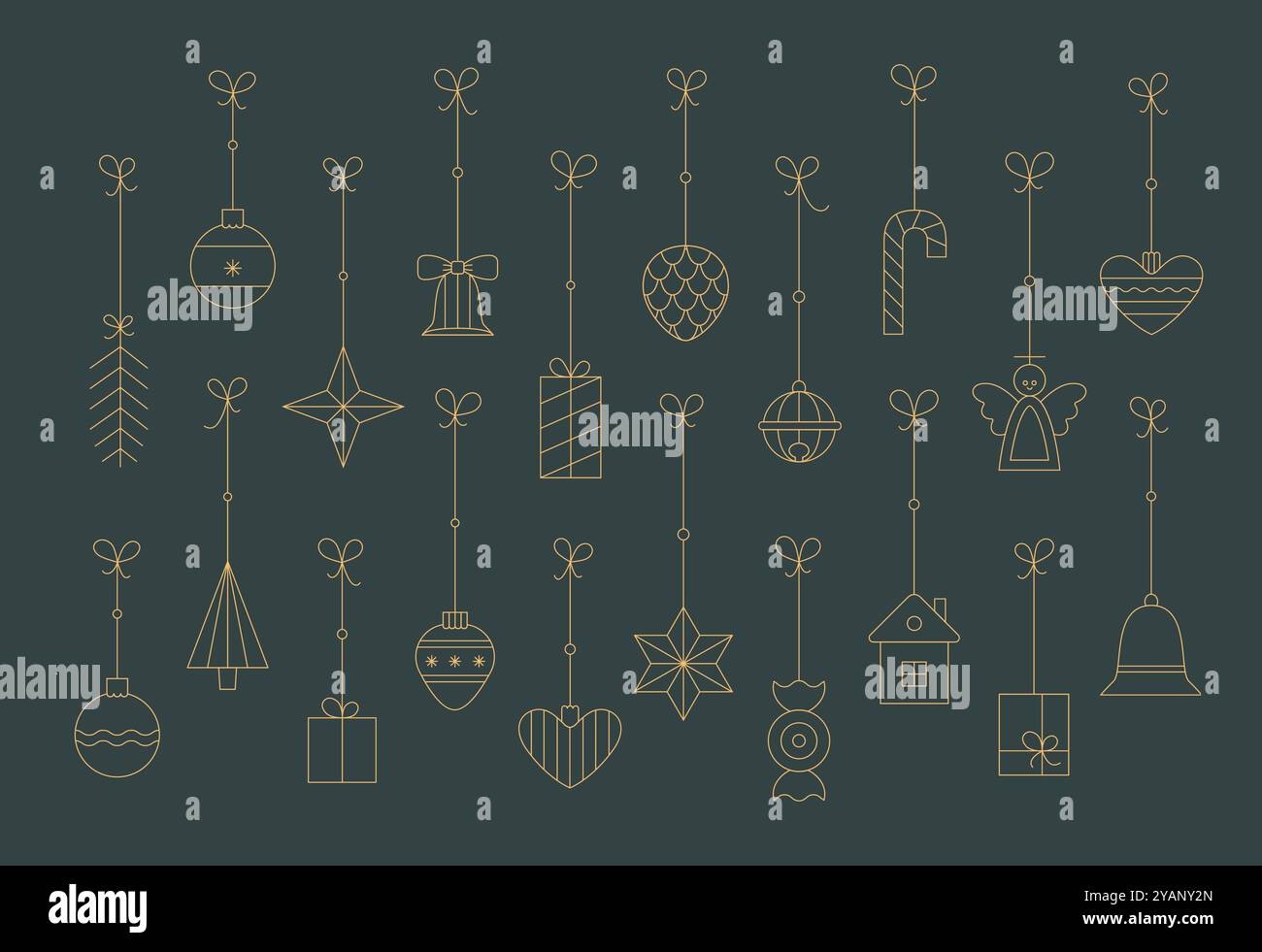 Natale, felice anno nuovo giocattolo vintage, palla, bauble, stella con fiocco. Semplice clipart con design piatto e linea dorata. Illustrazione Vettoriale
