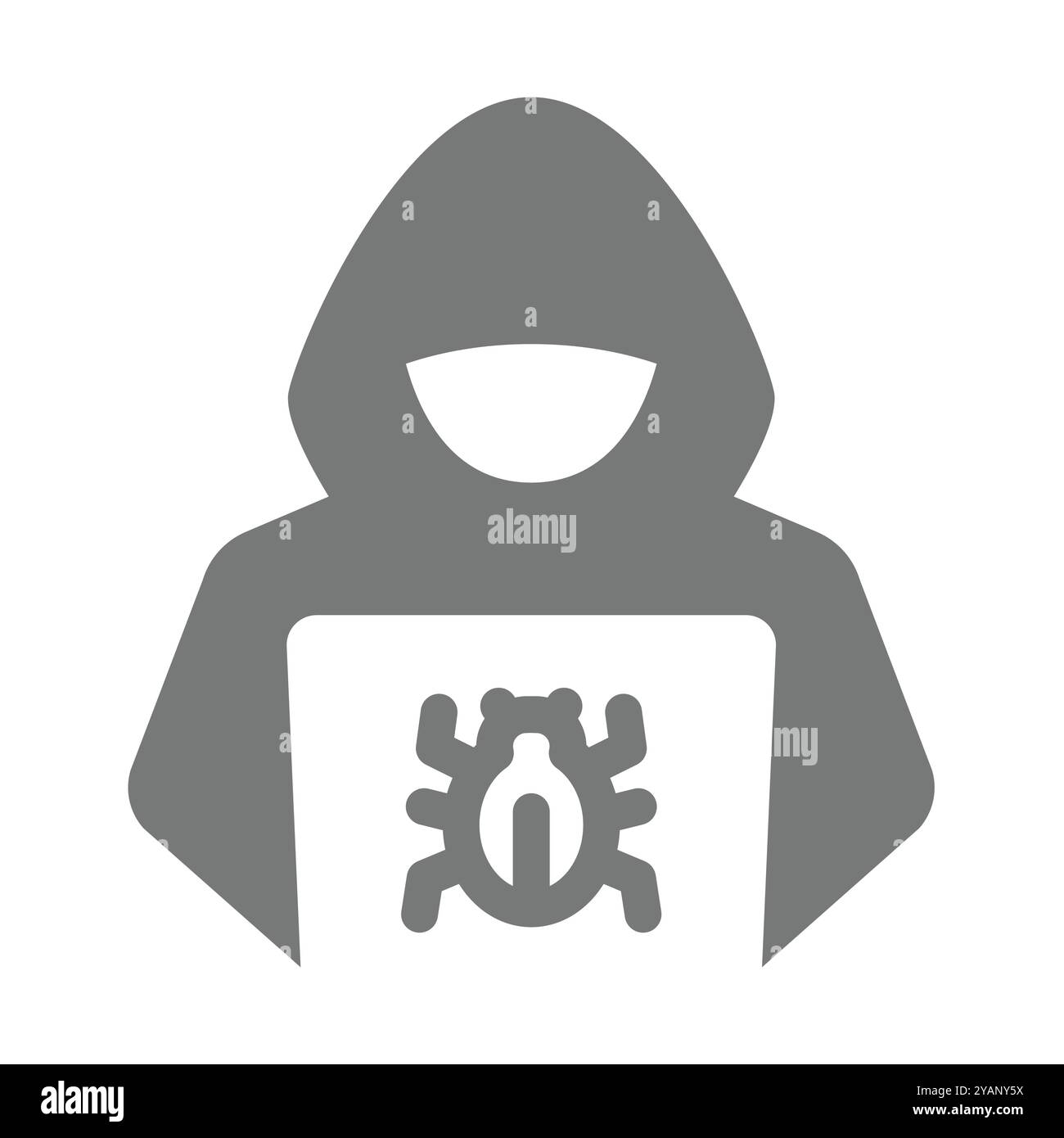 Hacker con bug e icona vettoriale del laptop. Crimini informatici e attacchi. Illustrazione Vettoriale