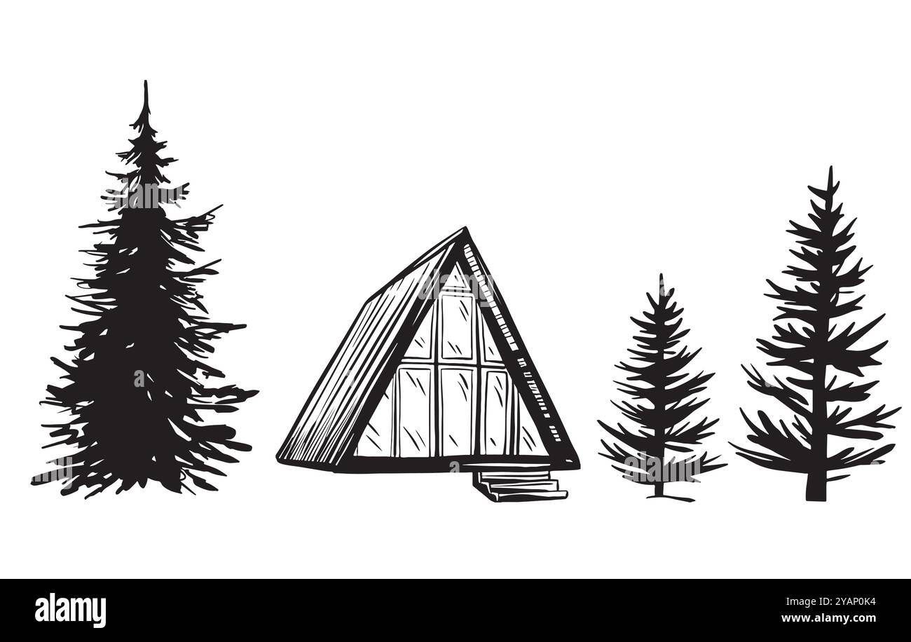 Set di capanna triangolare o A-frame e illustrazione vettoriale Ad abete d'albero in stile disegno lineare. Casa remota nella natura selvaggia e nella foresta per Illustrazione Vettoriale