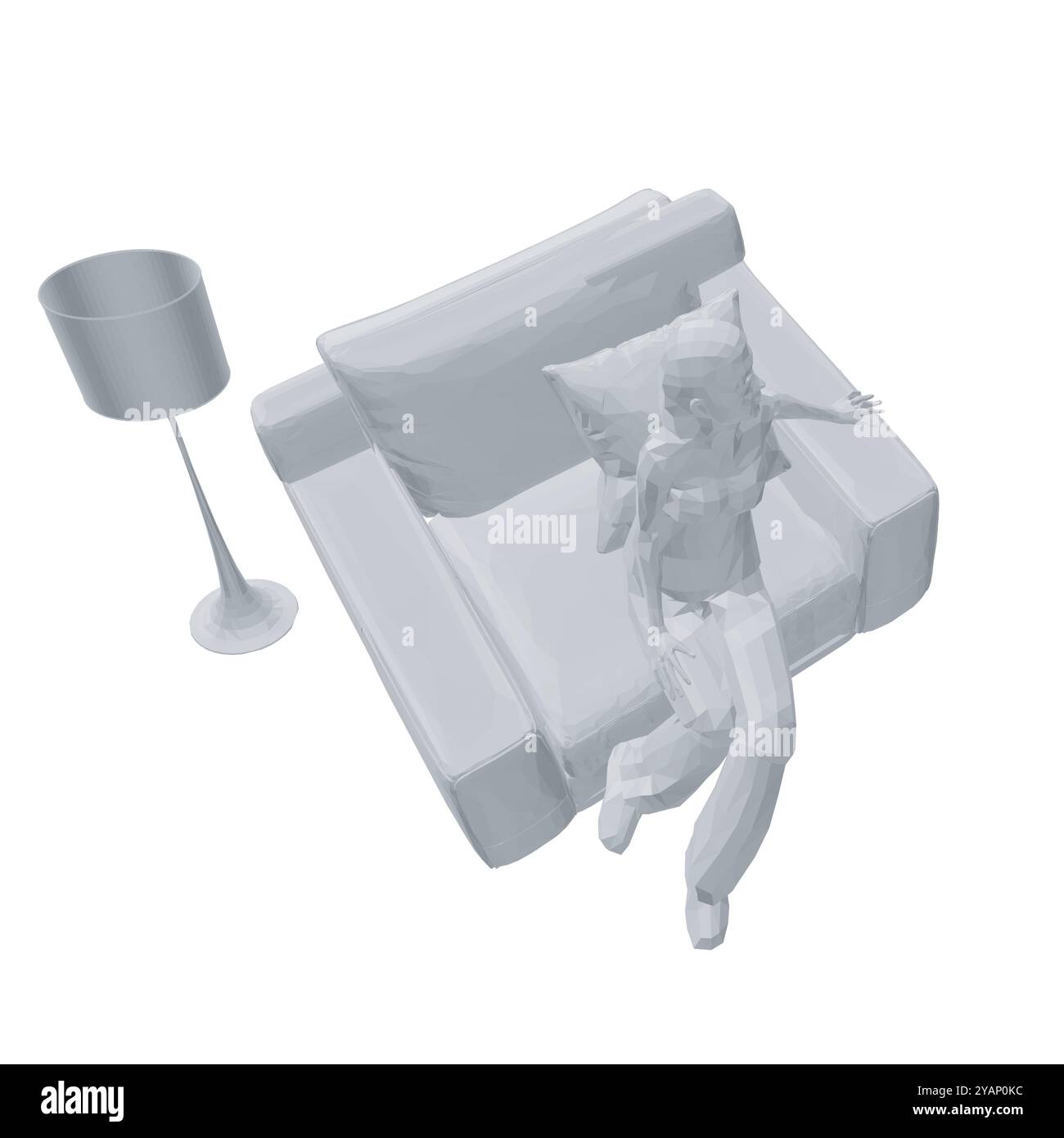 Modello poligonale di donna seduta in poltrona in camera con lampada e libreria con libri di linee nere isolate su sfondo bianco. Immagine vettoriale Illustrazione Vettoriale