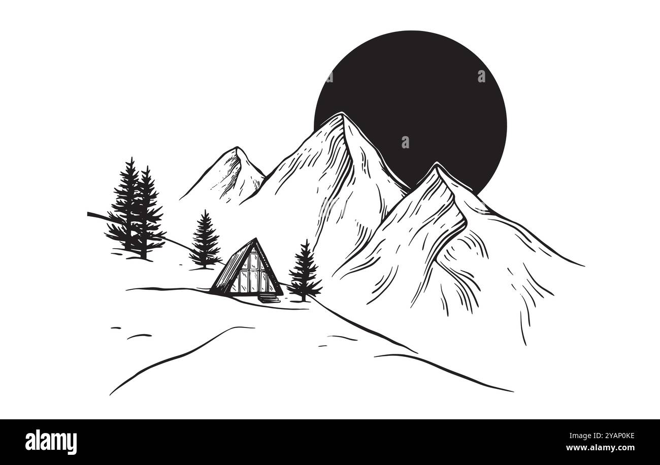 Casa triangolare o capanna A cornice Ad A e sole sulle montagne illustrazione vettoriale in stile disegno lineare. Casa remota nella natura selvaggia e nella foresta per Illustrazione Vettoriale