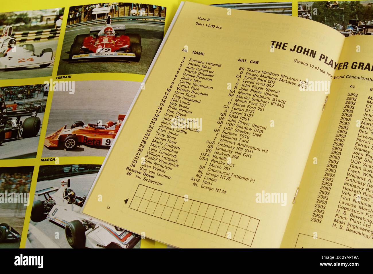 Lista di partenza dei piloti per il John Player British Grand Prix, 1975, sovrapposto alle foto delle vetture da corsa di Formula 1 in Un programma, Regno Unito Foto Stock