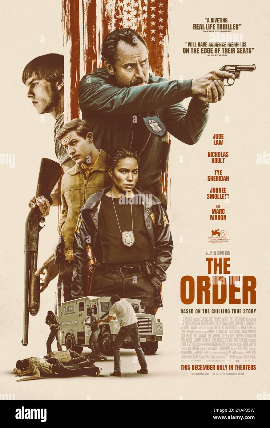 The Order (2024) diretto da Justin Kurzel e interpretato da Jude Law, Nicholas Hoult e Tye Sheridan. Una serie di rapine in banca e furti d'auto spaventano le comunità del nord-ovest del Pacifico. Un solo agente dell'FBI crede che i crimini siano opera di pericolosi terroristi domestici piuttosto che di criminali motivati finanziariamente. US un foglio poster ***SOLO PER USO EDITORIALE***. Credito: BFA / intrattenimento verticale Foto Stock