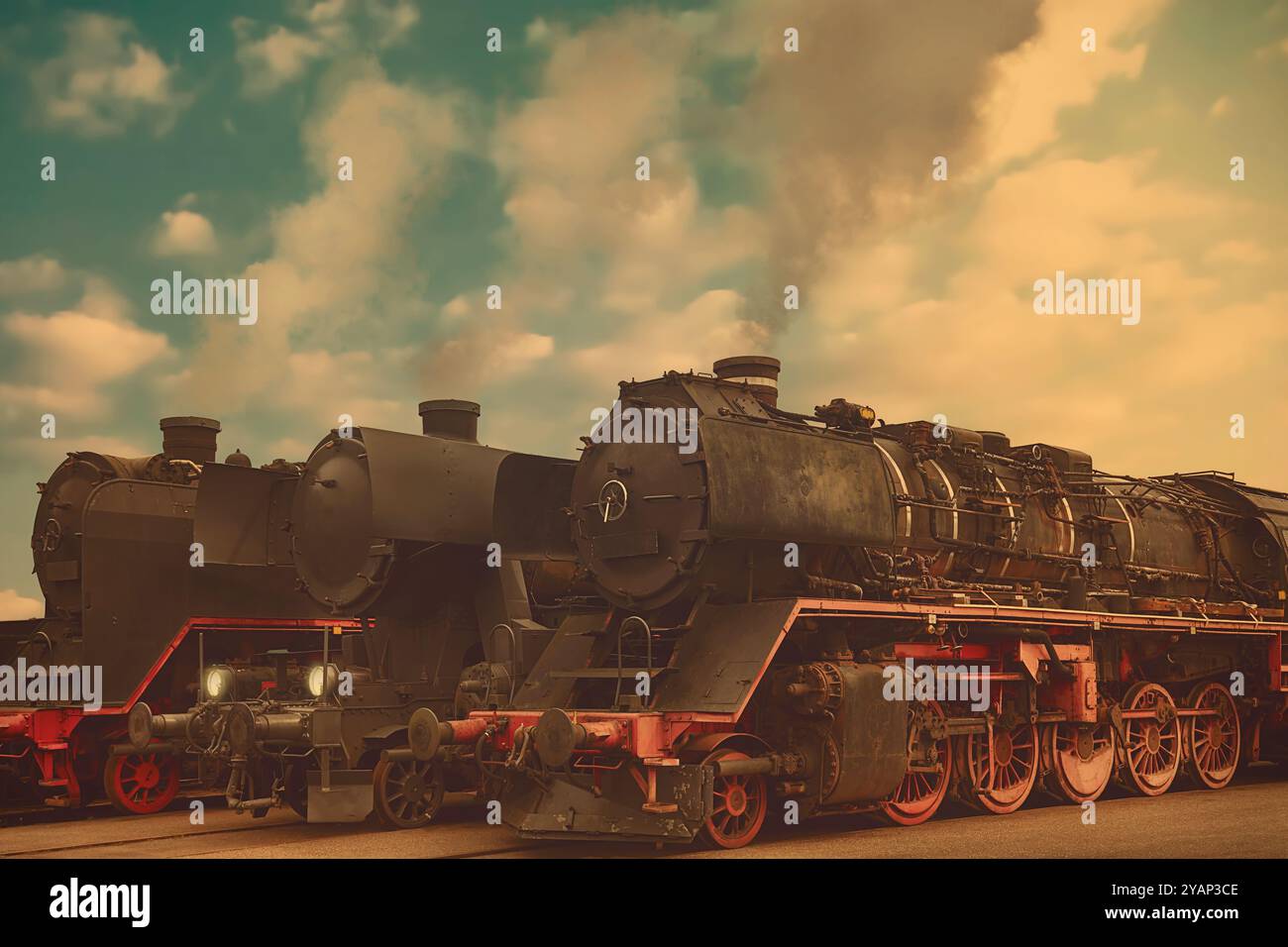 Immagine in stile retrò di tre vecchie locomotive a vapore con vapore davanti a un cielo blu moody Foto Stock