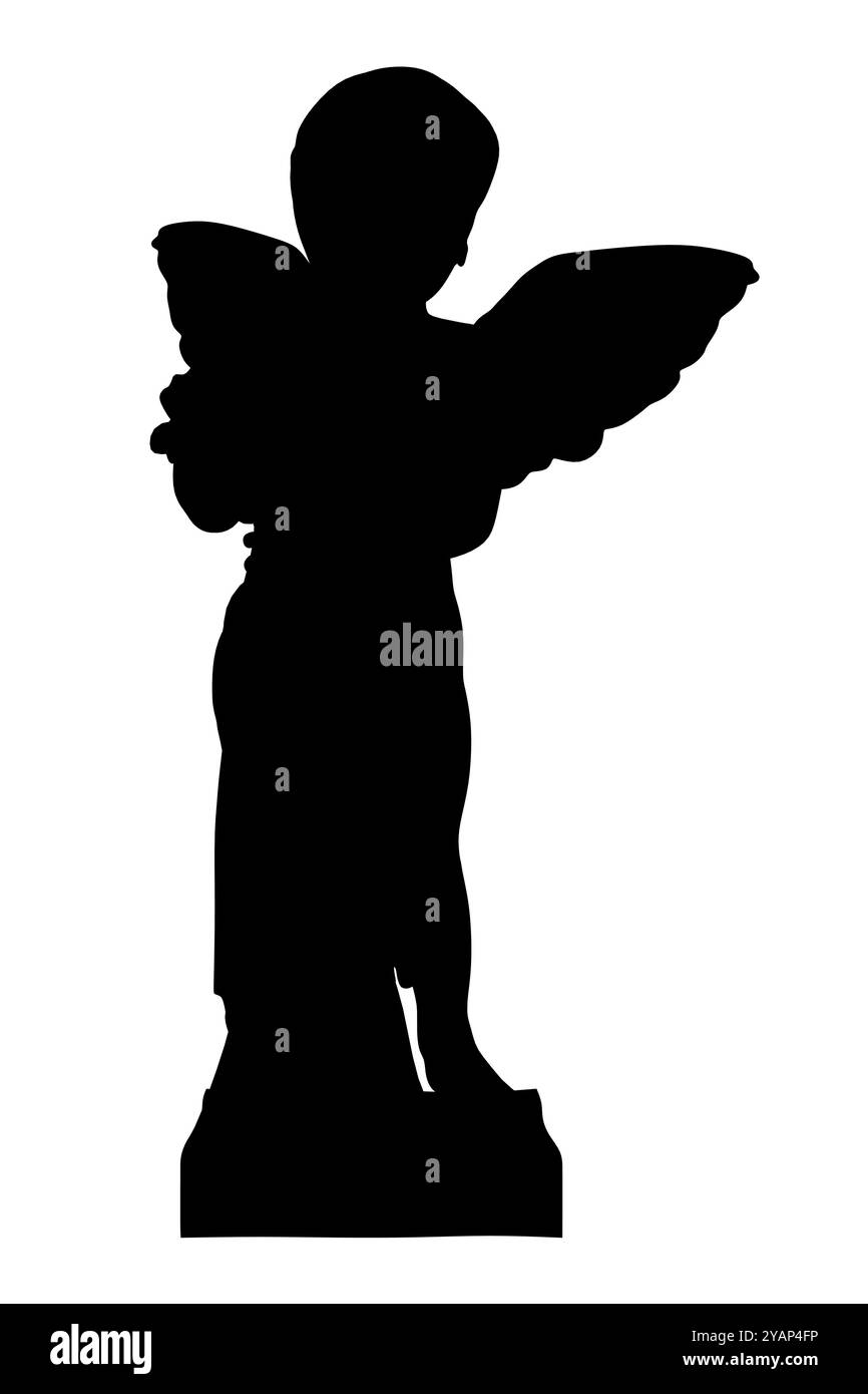 Silhouette di scultura d'angelo con ali isolate su sfondo bianco. Illustrazione vettoriale. Illustrazione Vettoriale