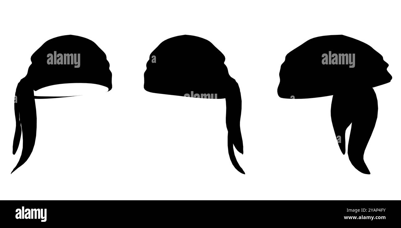 Set di icone bandana pirata. Bandana illustrazione silhouette testa fascia stile logo iconico elemento di abbigliamento sciarpa collezione tessuto nastro tessuto elegante Illustrazione Vettoriale