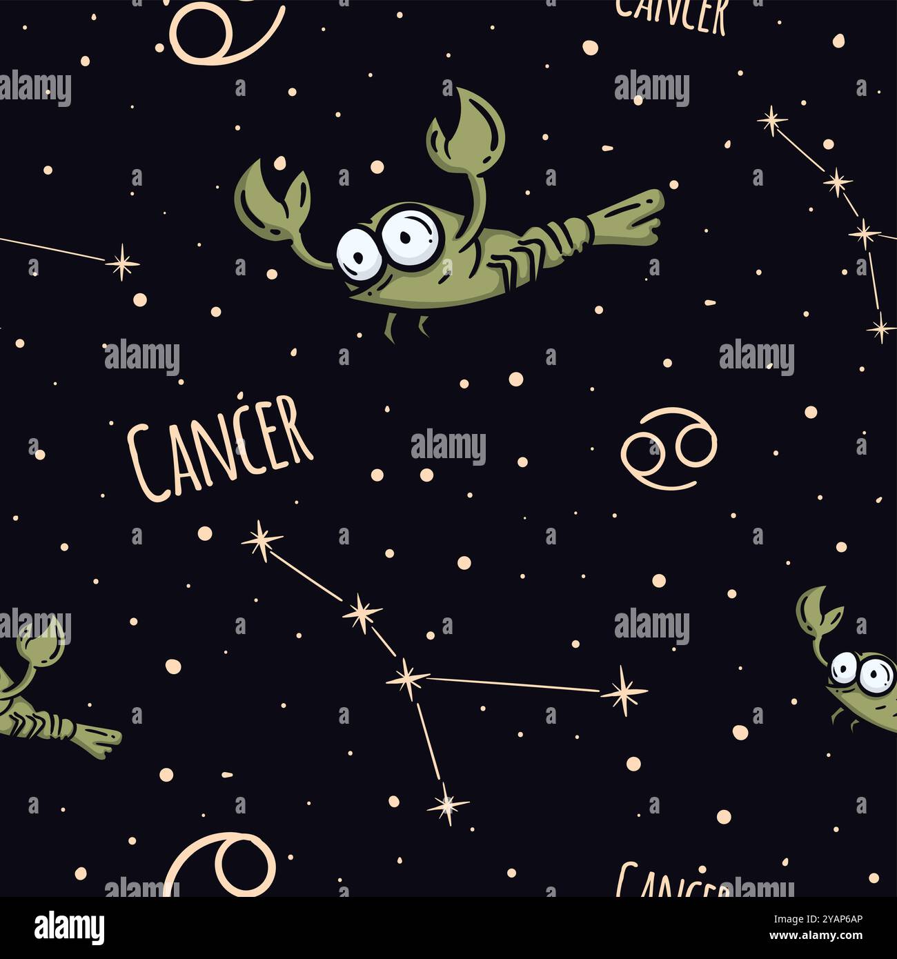 Pattern vettoriale senza cuciture con il segno zodiacale cancro. Sfondo con cielo stellato e costellazione per carta da imballaggio Illustrazione Vettoriale