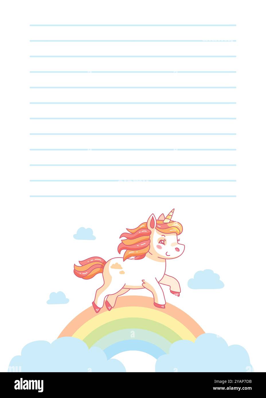 L'unicorno dei cartoni animati corre su un arcobaleno con nuvole e linee vuote nella parte superiore per aggiungere il tuo messaggio personale. Illustrazione vettoriale Illustrazione Vettoriale