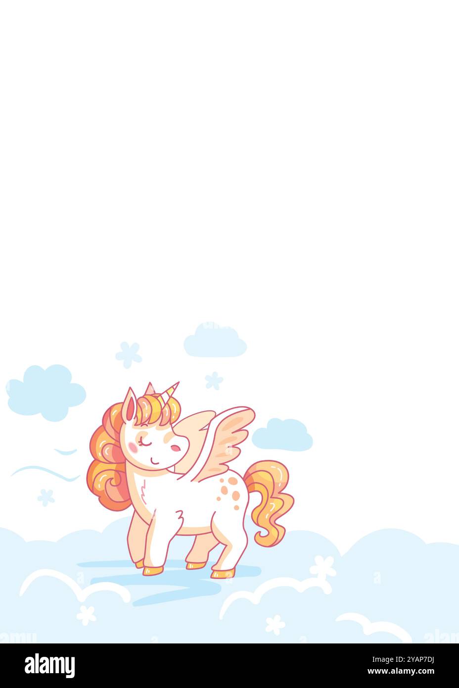 L'unicorno cartoni animati vola nel cielo, circondato da nuvole, ideale per i progetti dei bambini. Illustrazione vettoriale Illustrazione Vettoriale