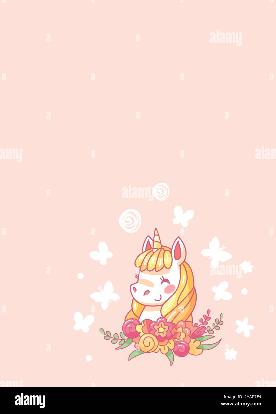 Unicorno cartoni animati sorridente circondato da fiori e farfalle su sfondo rosa, ideale per progetti gioiosi e positivi. Illustrazione vettoriale Illustrazione Vettoriale