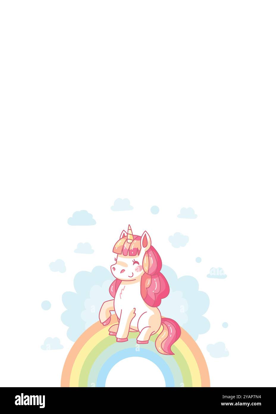 L'affascinante unicorno è seduto tranquillamente su un arcobaleno vibrante, circondato da soffici nuvole, creando una scena magica e stravagante. Illustrazione vettoriale Illustrazione Vettoriale