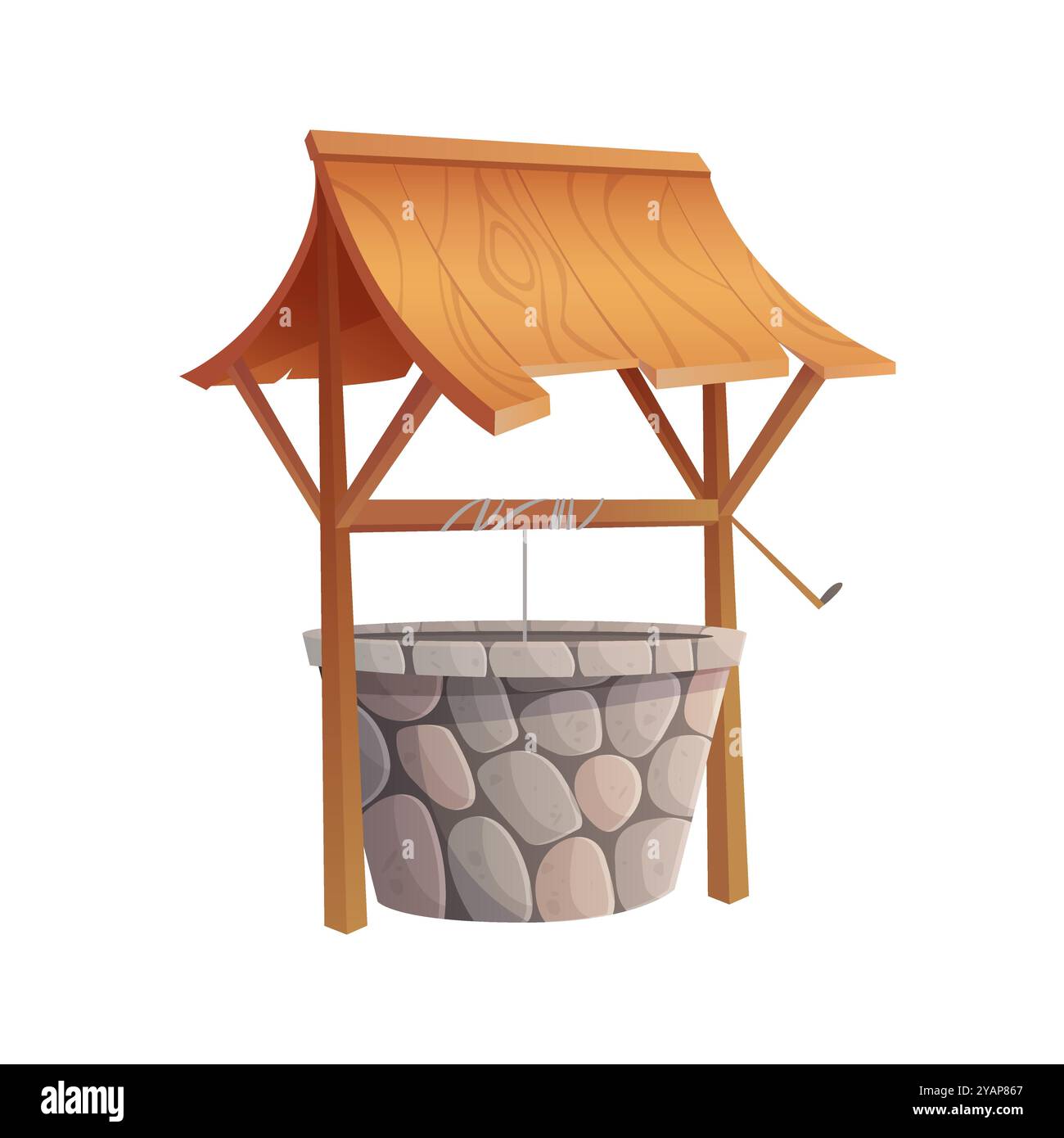 Pozzo d'acqua del vecchio villaggio con anello di mattoni di pietra, tetto e illustrazione vettoriale del verricello Illustrazione Vettoriale