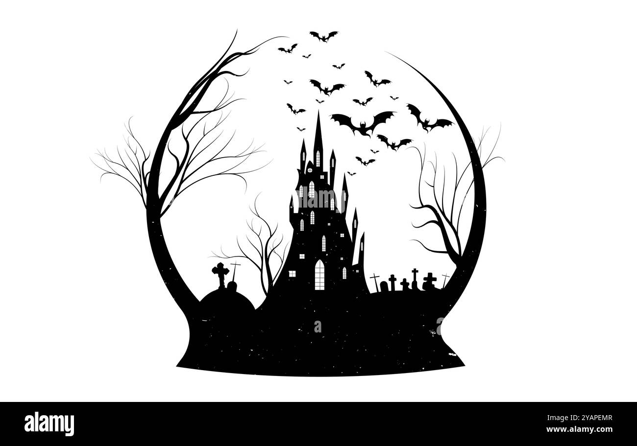 Festa di Halloween, una spaventosa silhouette di una casa infestata su una collina con pipistrelli, castello e cimitero, etichetta con il logo della notte oscura, illustrazione vettoriale. Spaventoso Illustrazione Vettoriale