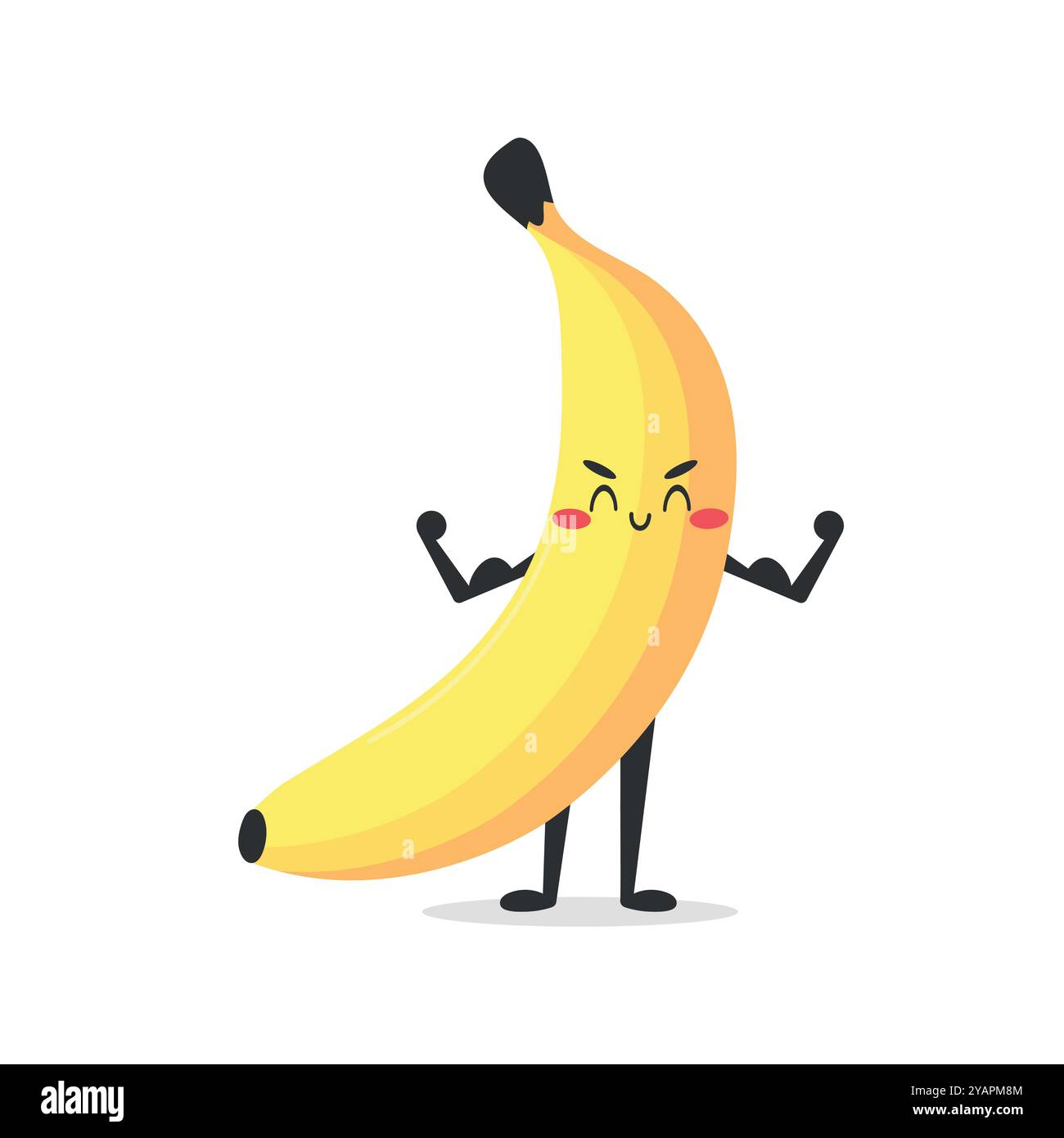 Il personaggio carino e forte di banana del cartone animato mostra i suoi muscoli. Mascotte alla banana. Illustrazione vettoriale Illustrazione Vettoriale