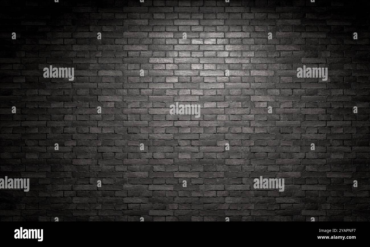 Faretto luminoso muro in mattoni neri, sfondo 3d spettacolare Foto Stock