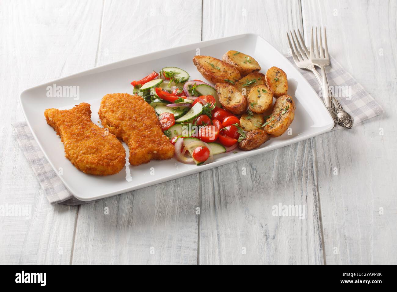 Pesce bianco impanato croccante con insalata fresca e patate fritte in stile rustico da vicino in un piatto su un tavolo di legno. Orizzontale Foto Stock