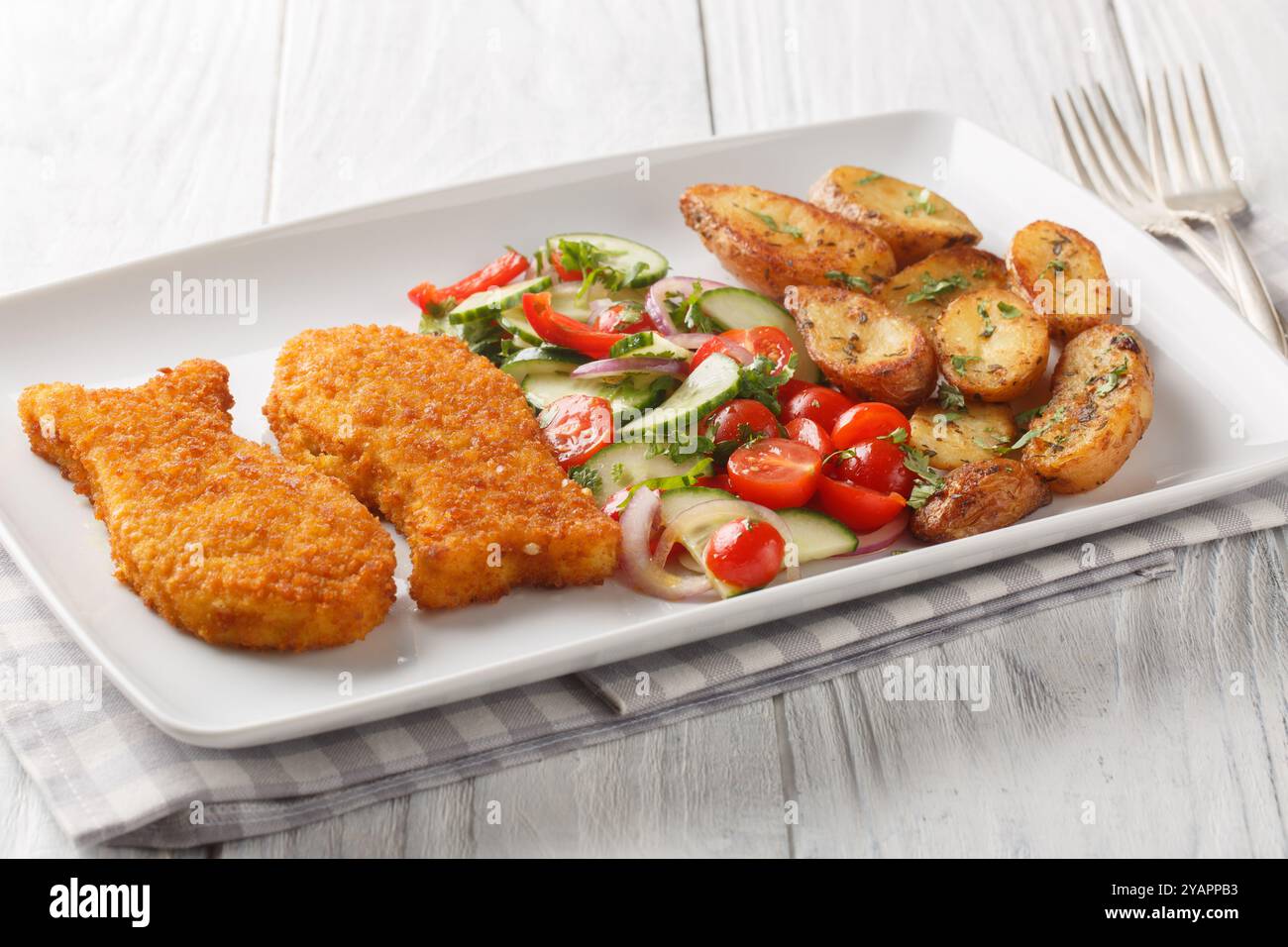 Cibo delizioso: Pesce bianco impanato con insalata fresca e patate fritte da vicino in un piatto su un tavolo di legno. Orizzontale Foto Stock