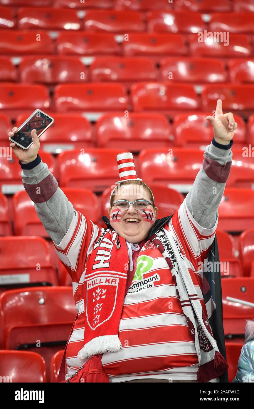 Manchester, Inghilterra - 12 novembre 2024 - tifosi dei Wigan Warriors. Rugby League, Betfred Super League Grand Final, , Wigan Warriors vs Hull Kingston Rovers a Old Trafford, Manchester, UK Dean Williams Foto Stock