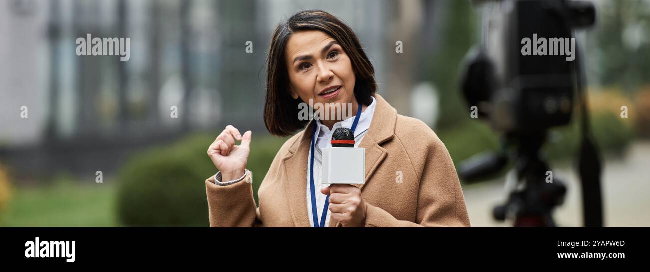 Una giornalista multirazziale in un cappotto beige riporta con passione le notizie all'aperto tenendo in mano un microfono. Foto Stock