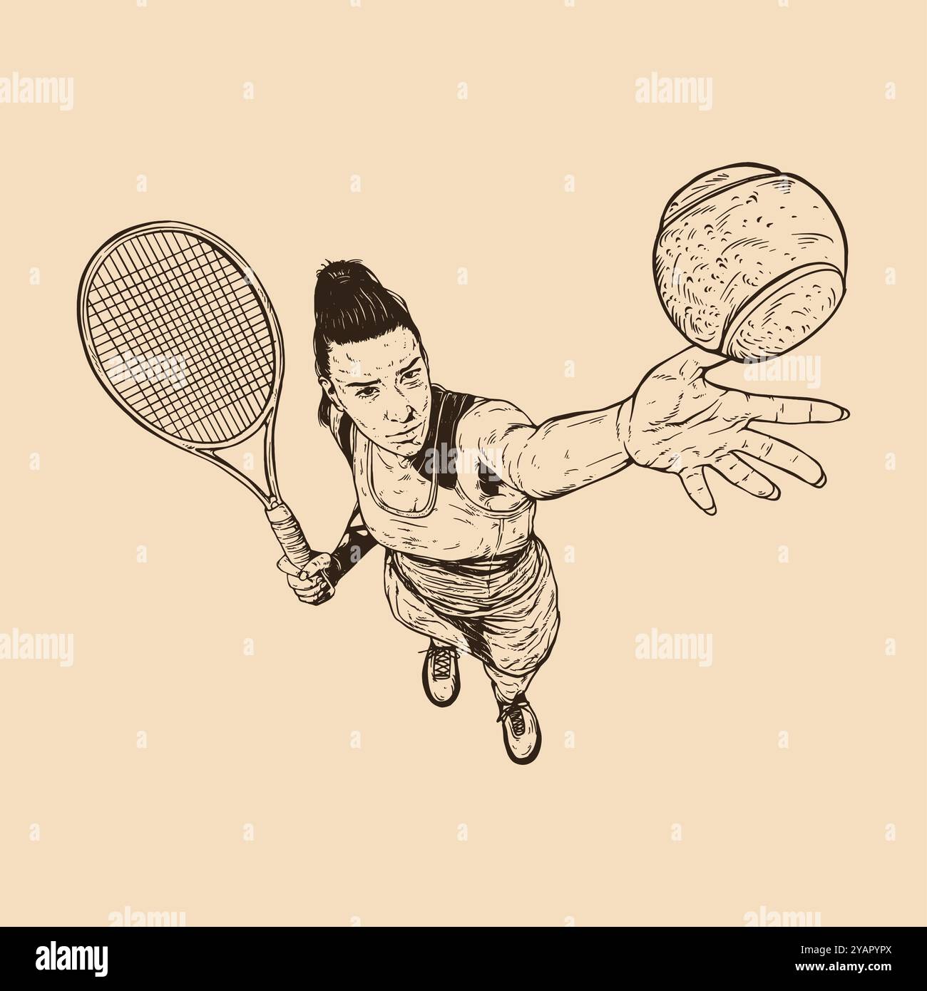 Tennista donna. Stile con incisione vintage. Illustrazione vettoriale. Illustrazione Vettoriale