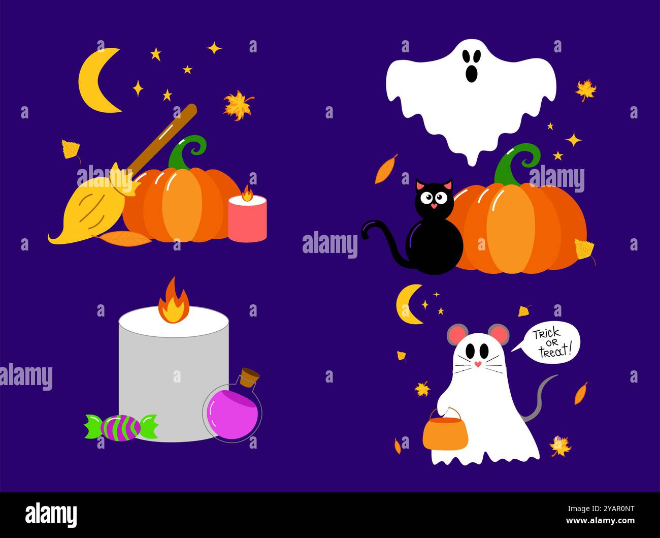 Imposta la raccolta di composizioni vettoriali per Halloween. Set di illustrazioni vettoriali magiche con fantasma, zucca, candela, gatto nero, caramelle, bat, bambino nel fai Illustrazione Vettoriale