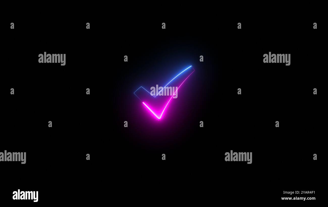 illustrazione al neon della clip art con il segno di spunta e linee luminose blu e rosa Foto Stock