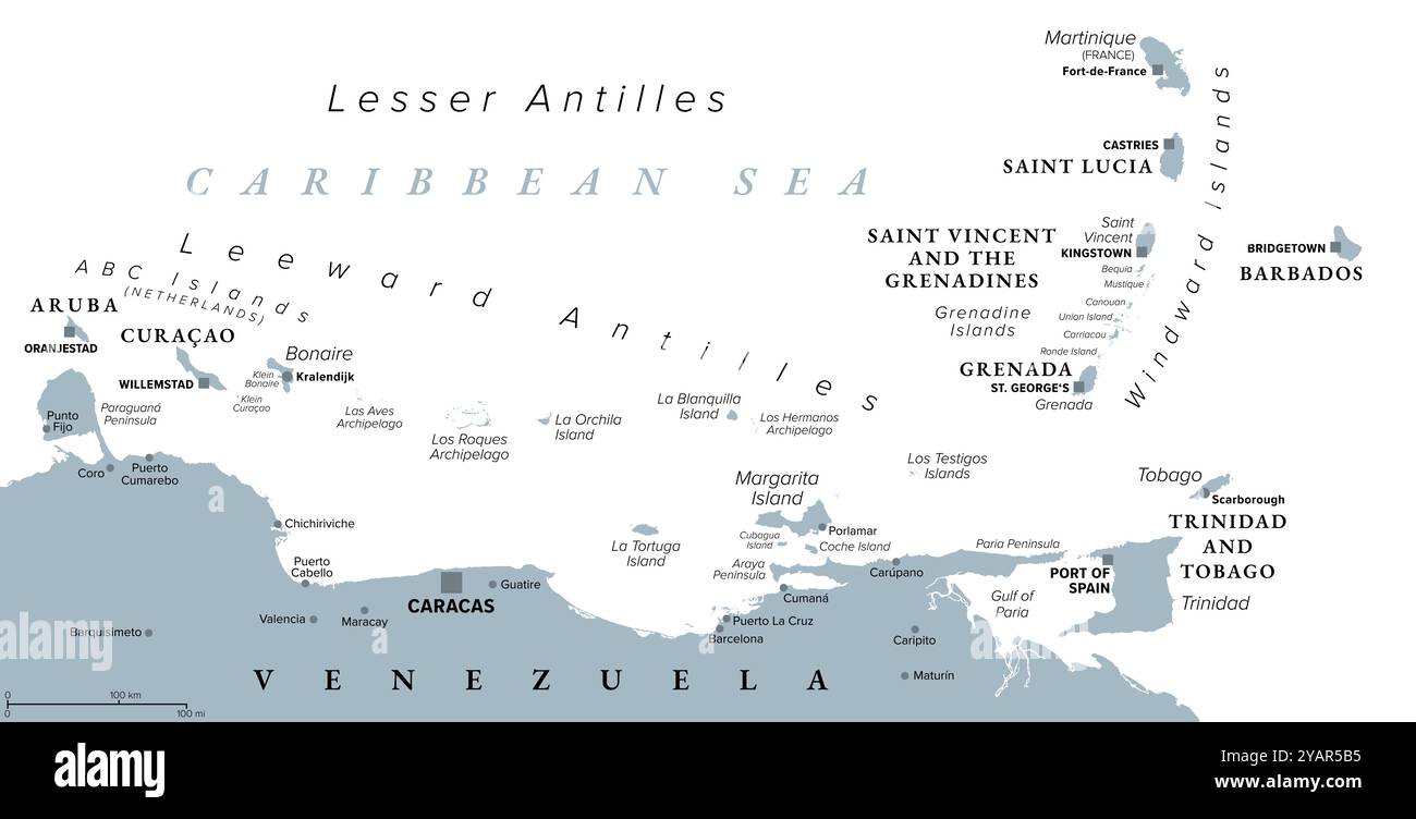 Isole caraibiche libere dall'uragano, mappa politica grigia. Le Antille di Leeward e le Isole Windward sono le più sicure dagli uragani. Foto Stock
