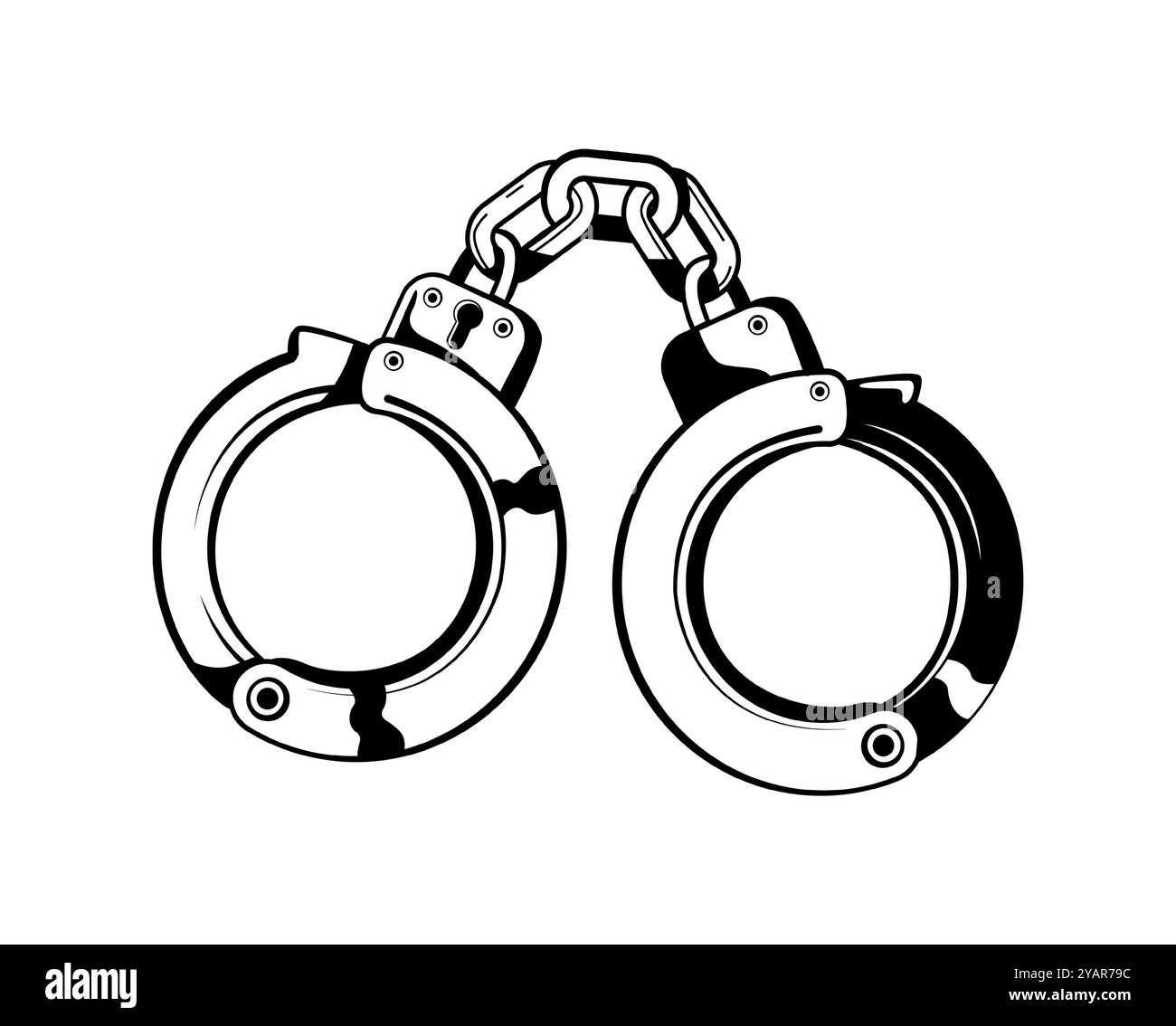 Illustrazione isolata in bianco e nero di manette, simbolo del crimine, della polizia e della giustizia penale Illustrazione Vettoriale