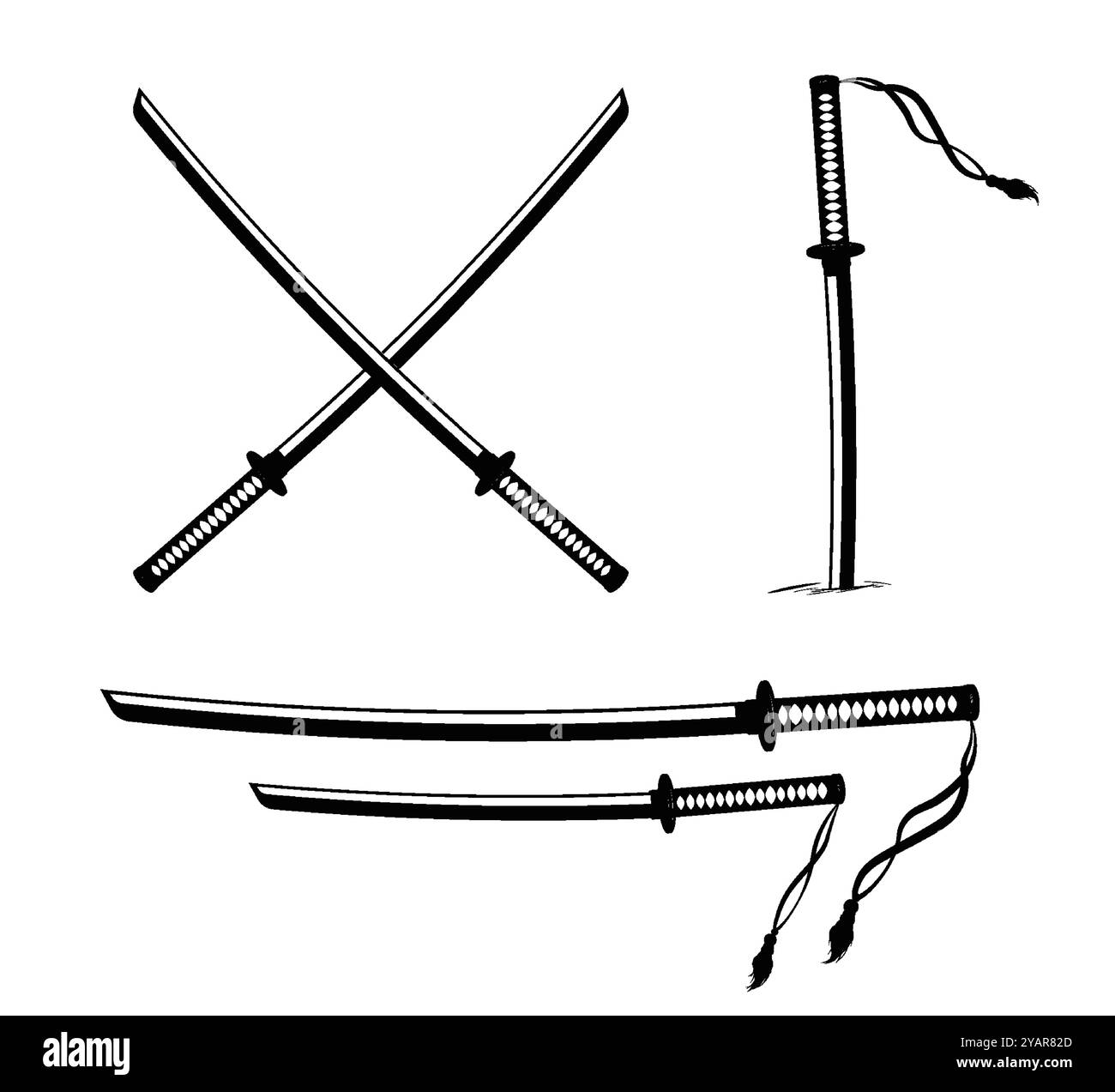 Katana e Wakizashi isolati su sfondo bianco. Un paio di spade giapponesi Daisho samurai, katana e Wakizashi, hanno attraversato le spade bloccate nel terreno Illustrazione Vettoriale