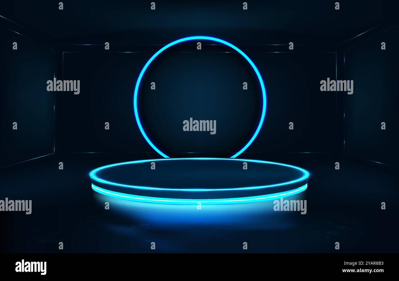 Camera futuristica con podio al neon circolare e lampada rotonda al neon Illustrazione Vettoriale