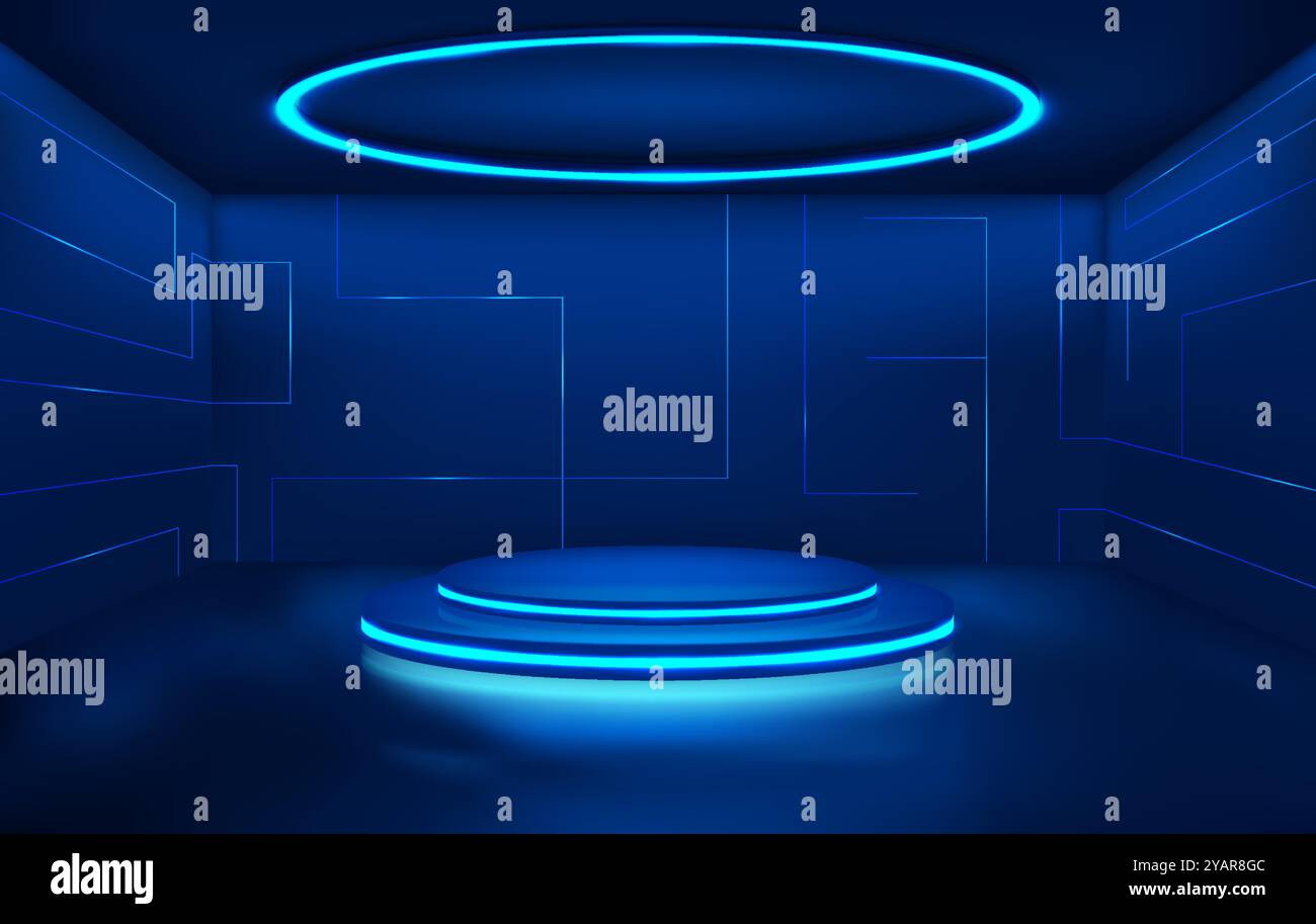 Futuristico studio 3D con podio vuoto e lampada rotonda al neon Illustrazione Vettoriale