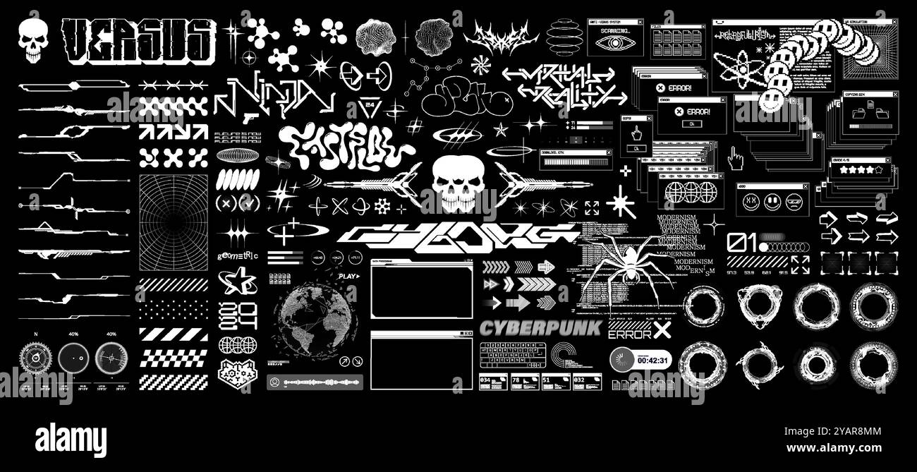 Grafica futuristica in stile artistico fantascientifico, elementi digitali Illustrazione Vettoriale