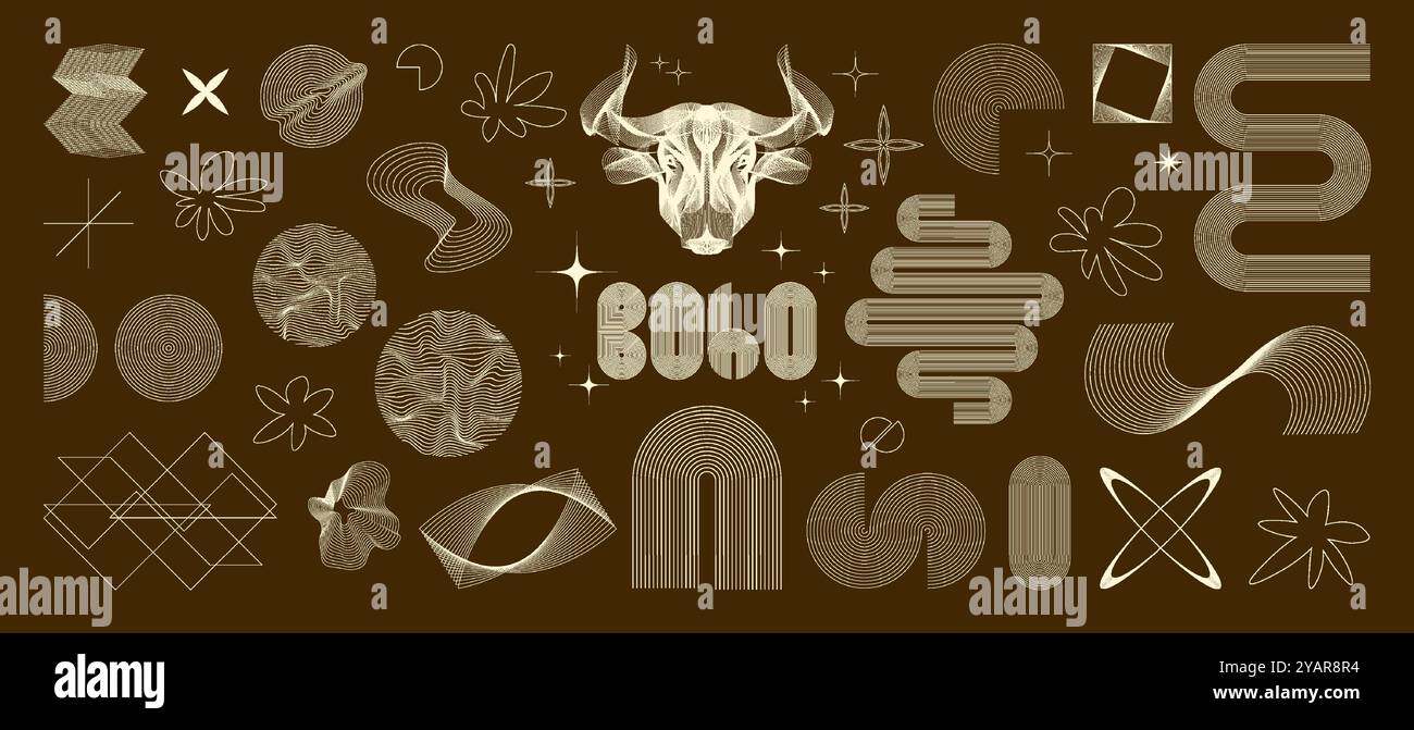 Contorni geometrici e forme in stile boho. Set di forme geometriche universali. Raccolta di risorse grafiche vettoriali Illustrazione Vettoriale