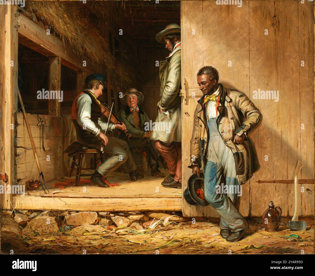 The Power of Music 1847 di William Sidney Mount (American, 1807–1868) America, XIX secolo ambientato nella campagna di Long Island prima della guerra civile, il complesso dipinto di Mount presenta un operaio afroamericano che ascolta intensamente una melodia di violino apprezzata dagli uomini bianchi. Mentre l'amore per la musica unisce le figure in un legame di umanità condivisa, le due razze occupano spazi diversi - uno all'interno, uno all'esterno, entrambi separati da una porta fienile - - simboleggiando efficacemente le divisioni pronunciate in America all'epoca. Foto Stock