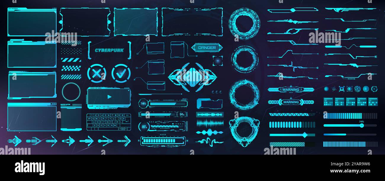 Interfaccia utente digitale, elementi HUD per UI, UX, GUI. Elementi utente futuristici Illustrazione Vettoriale