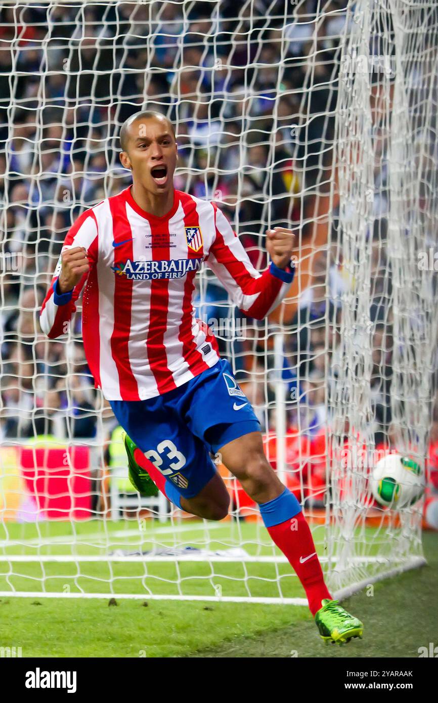 Madrid, 17 MAGGIO: Joao Miranda dell'Atletico de Madrid celebra un gol durante la finale di Coppa del Re di Spagna 2012/13, partita giocata a Santiago Foto Stock