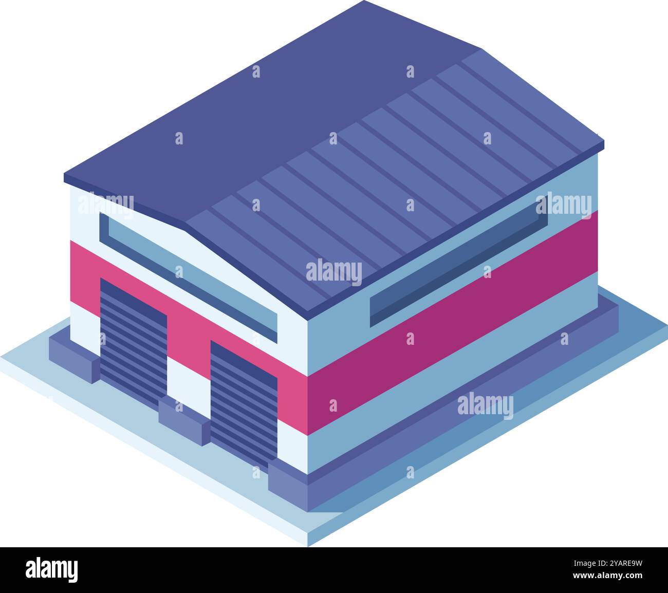 Illustrazione isometrica di un magazzino moderno con porte chiuse a serrande, che sottolinea la logistica e l'industria. Design esterno commerciale in blu Illustrazione Vettoriale