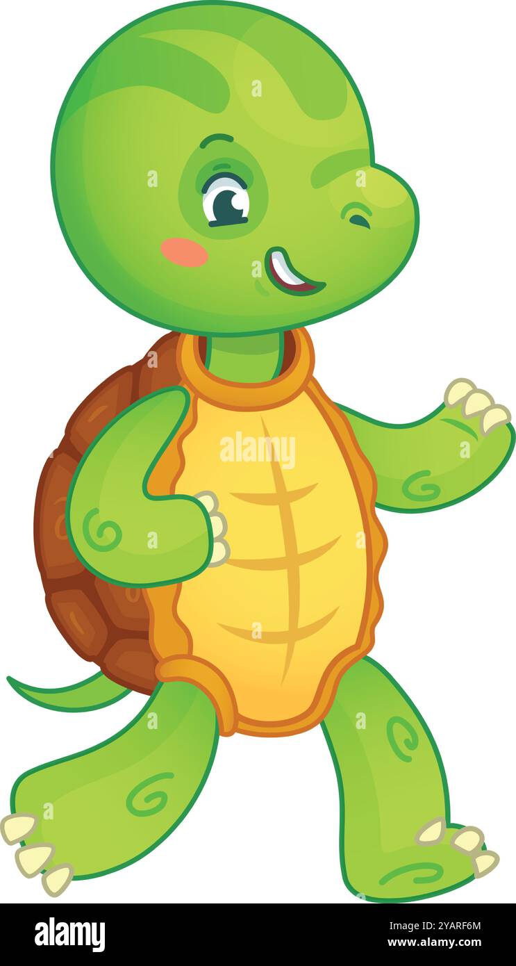 Una graziosa tartaruga cartoni animati passeggia felicemente, sorridendo e sorridendo, perfetta per i bambini e per i temi della natura Illustrazione Vettoriale