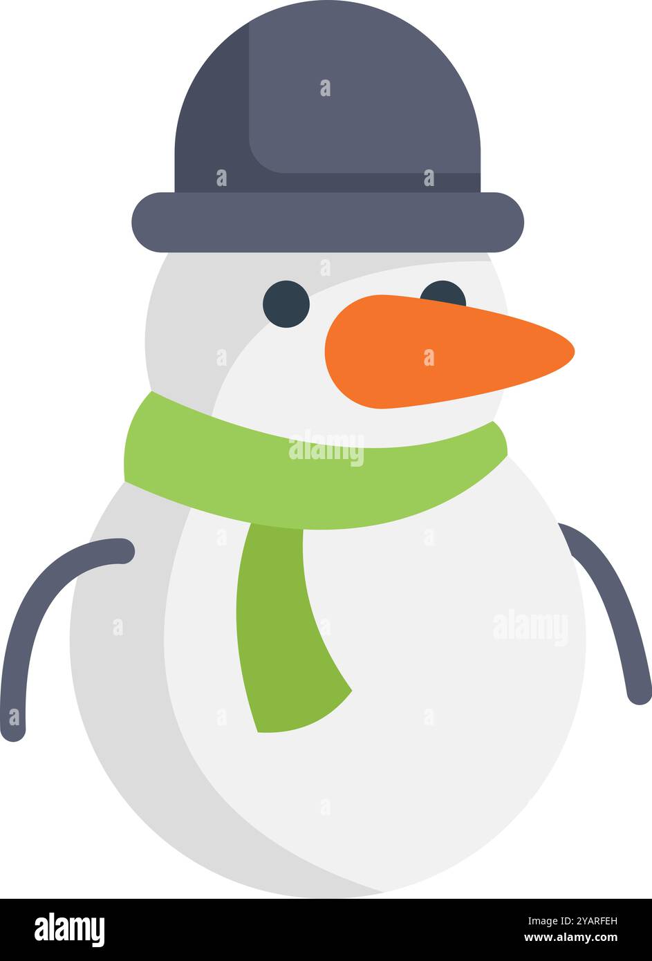 Classico pupazzo di neve che indossa una sciarpa verde e un cappello nero, che rappresenta la gioia e la magia dell'inverno Illustrazione Vettoriale