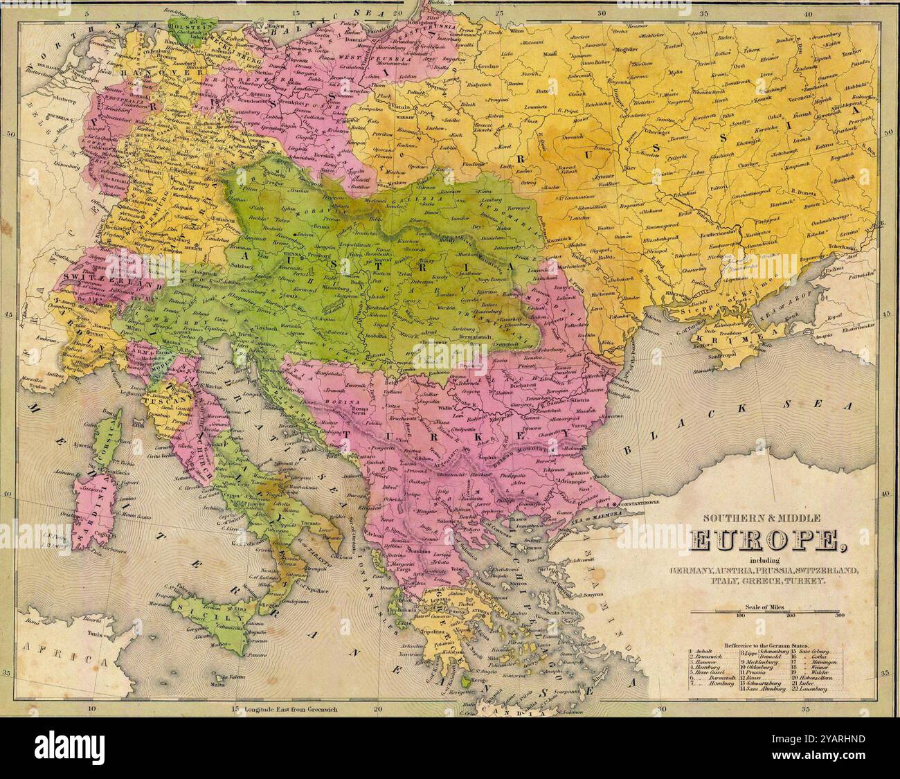 SEATTLE -SEP 11, 2022 - Mappa antica dell'europa meridionale e centrale che mostra le divisioni politiche nel 1860 Foto Stock