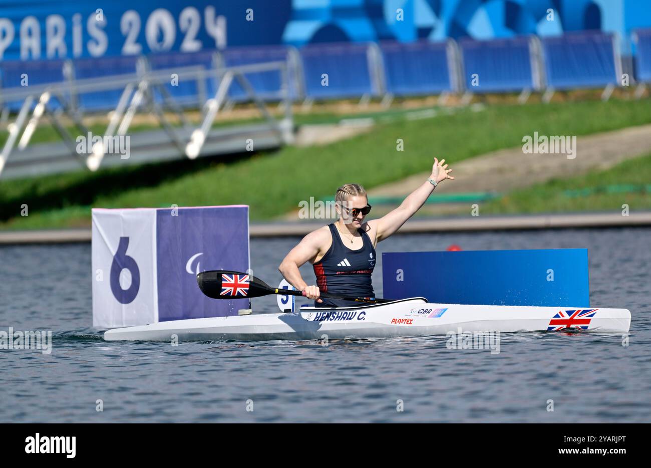 Parigi. Francia. 6 settembre 2024. Parigi 2024 Giochi paralimpici. Paracanoe. Stadio Olimpico Nautico. Parigi. Charlotte Henshaw (GBR) a Para Canoe Heats durante le Paralimpiadi di Parigi del 2024 allo Stadio Nautico Olimpico, Francia. Foto Stock