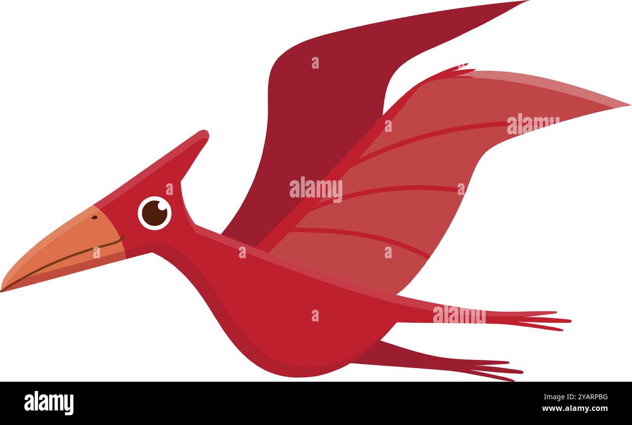 Il dinosauro pterodattilo rosso vola felicemente con le ali aperte in un colorato cartone animato, portando il fascino preistorico su uno sfondo bianco Illustrazione Vettoriale