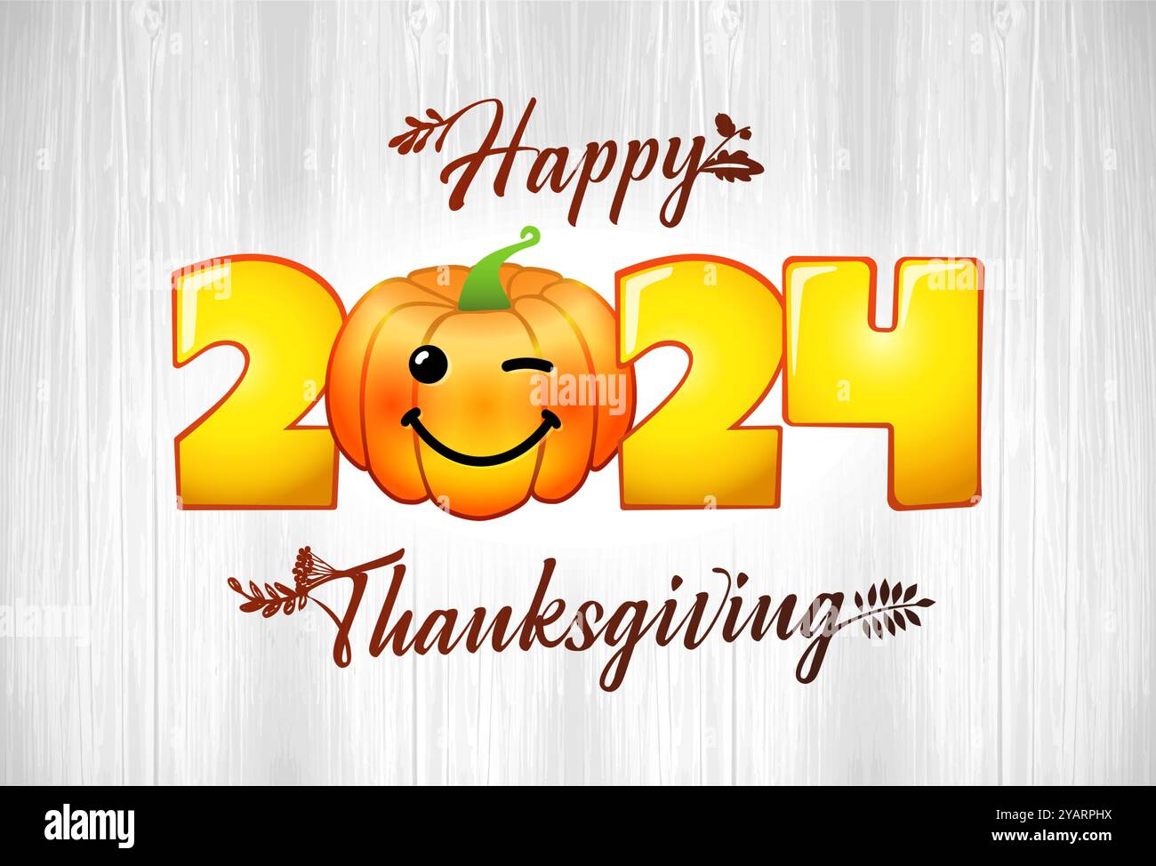 Felice Ringraziamento 2024, emoji di zucca su sfondo di legno. Concetto vettoriale con zucca sorridente 3d in numeri 2024 su tavole di legno Illustrazione Vettoriale
