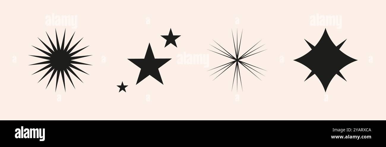 Set di stelle luccicanti, scintille, forma del sole. Esplosione astratta del vettore, effetti bagliori e bagliori per creare feste natalizie. Scintillio e grafica flash Illustrazione Vettoriale