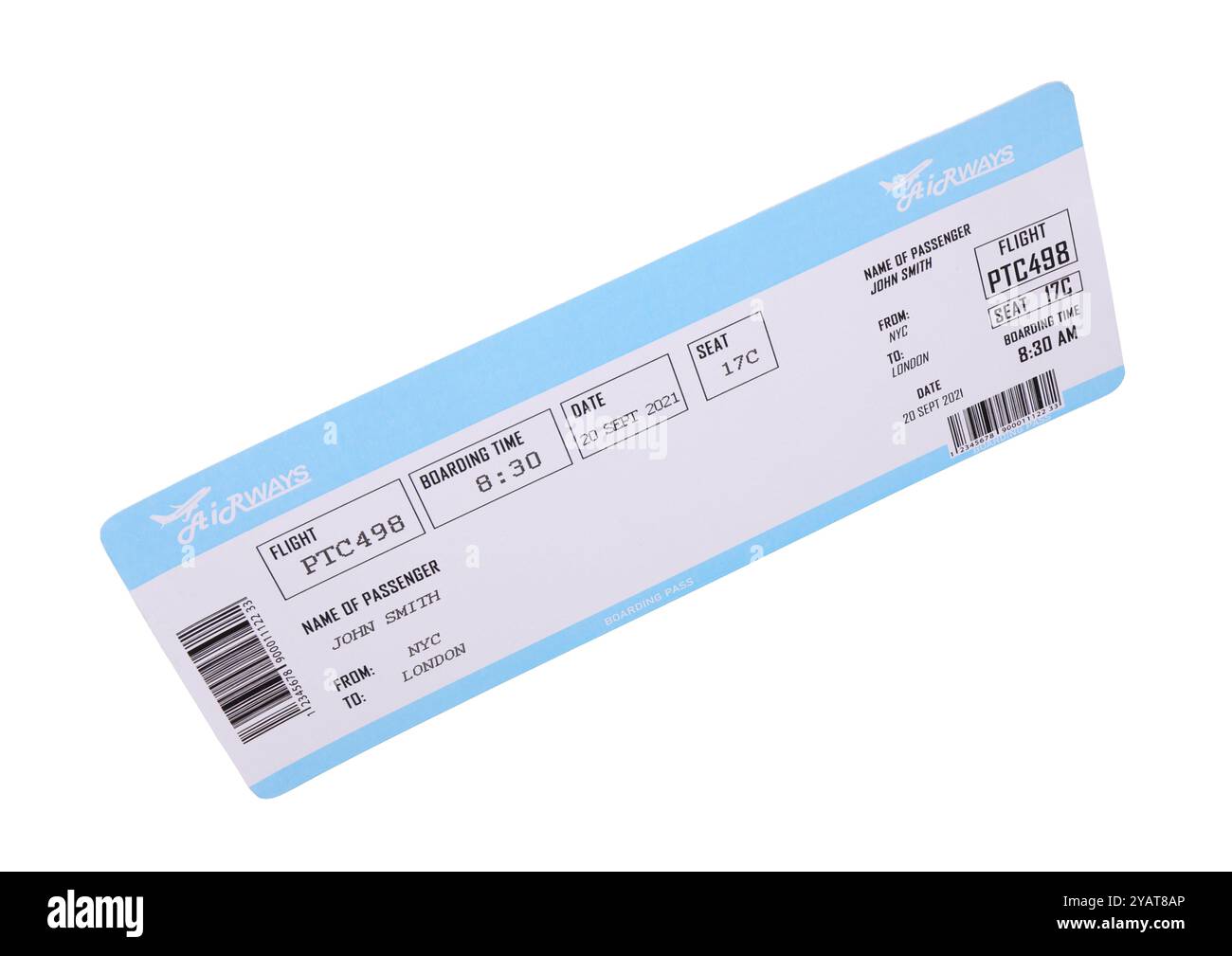 Un biglietto aereo isolato sul bianco. Viaggi all'estero Foto Stock