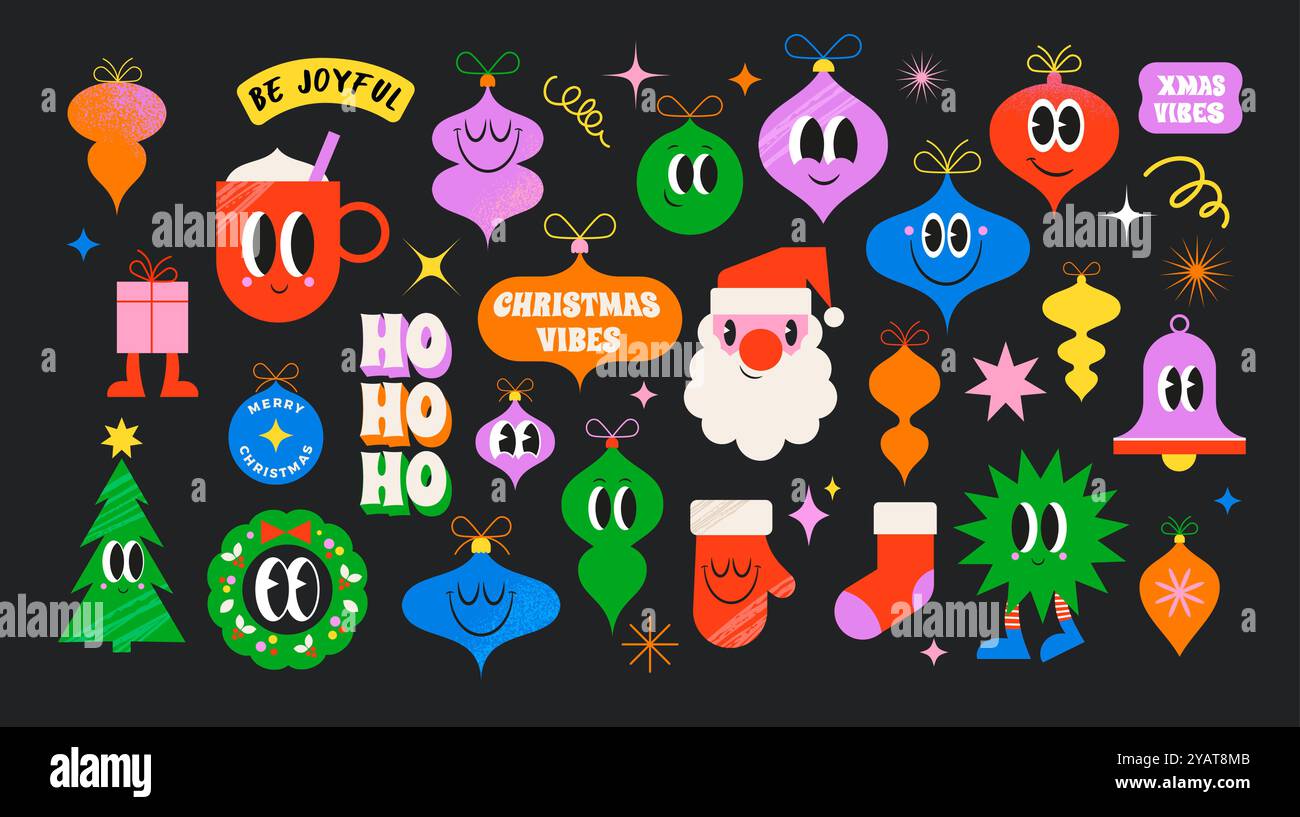 Buon Natale, collezione di cartoni animati divertenti, adesivi, illustrazioni. Ornamenti natalizi in stile retrò moderno, Babbo Natale, albero di Natale con volti divertenti Illustrazione Vettoriale